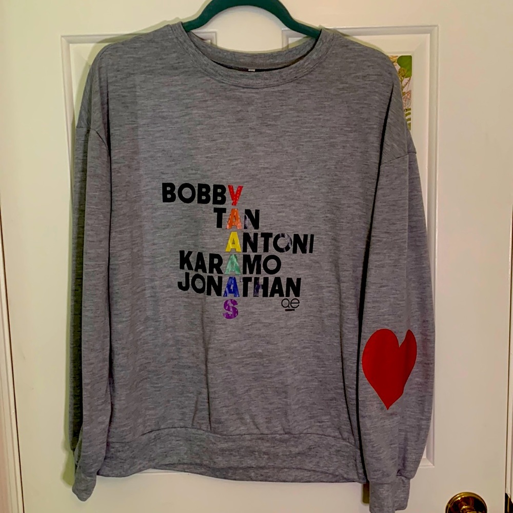 Gray Women's Crewneck Sweatshirt with Rainbow Text and Red Heart